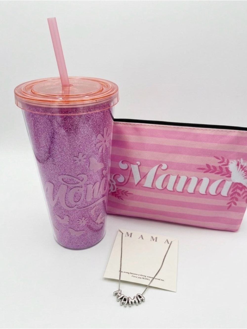 Glitter Pink 3pc 'Mama' Tumbler Bundle with Pink Striped 'Mama' Pouch & necklace